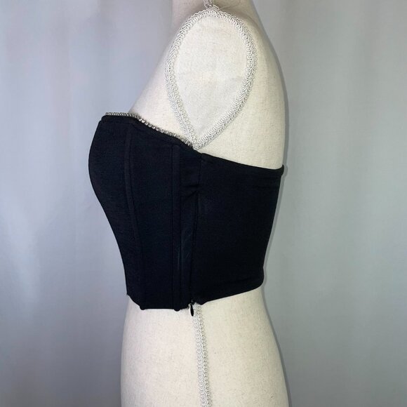 Zara Corset Bustier Size M Black Rhinestone Embellishments Cropped Side Zip - Picture 2 of 7